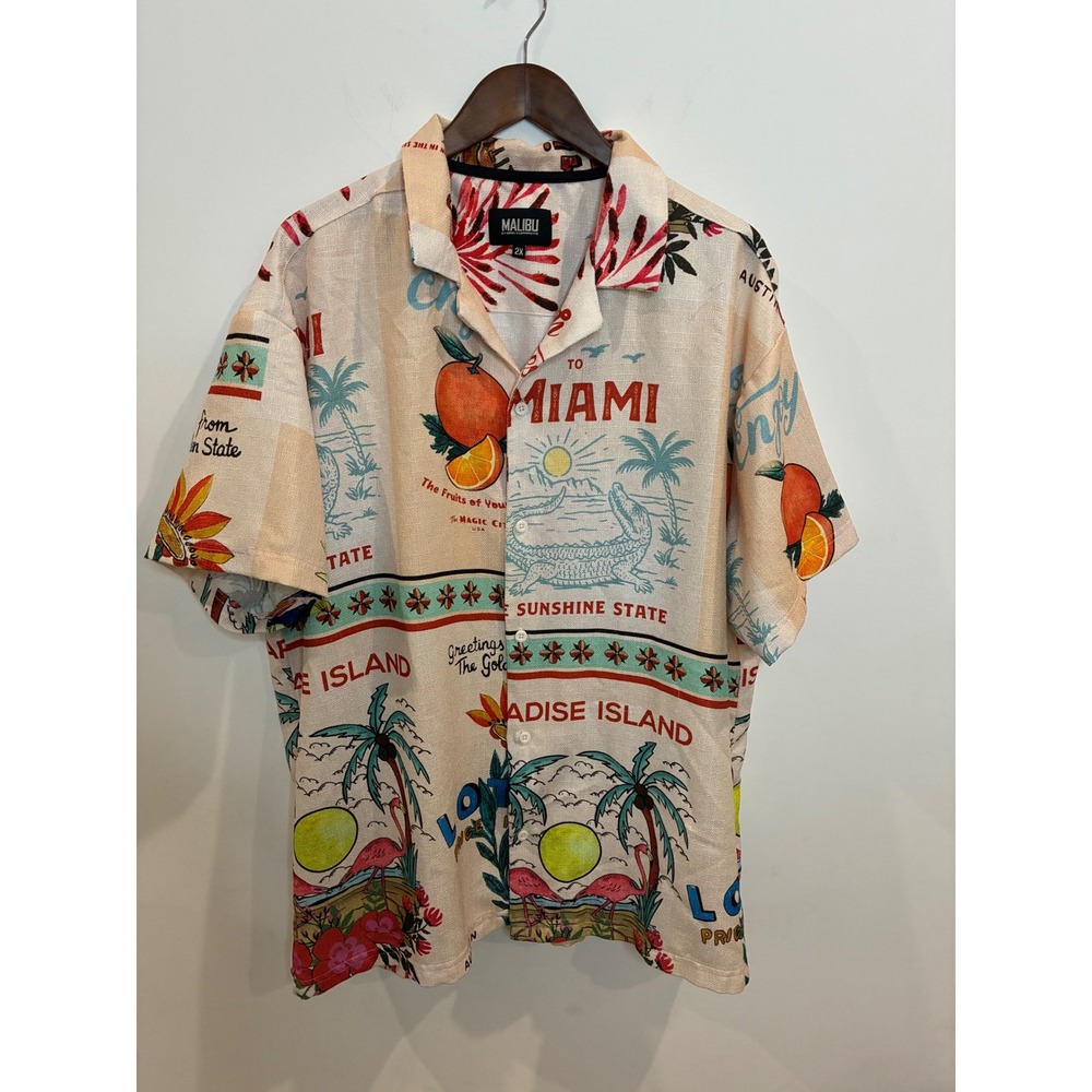 Malibu by Drill Clothing Co Miami Florida Souvenir Print Shirt Mens 2XL Tropical
